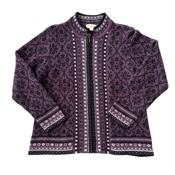 Appleseeds Petites Purple Black Snowflake Fair Isle Zip Up‎ Cardigan Sweater PL - Picture 2 of 7